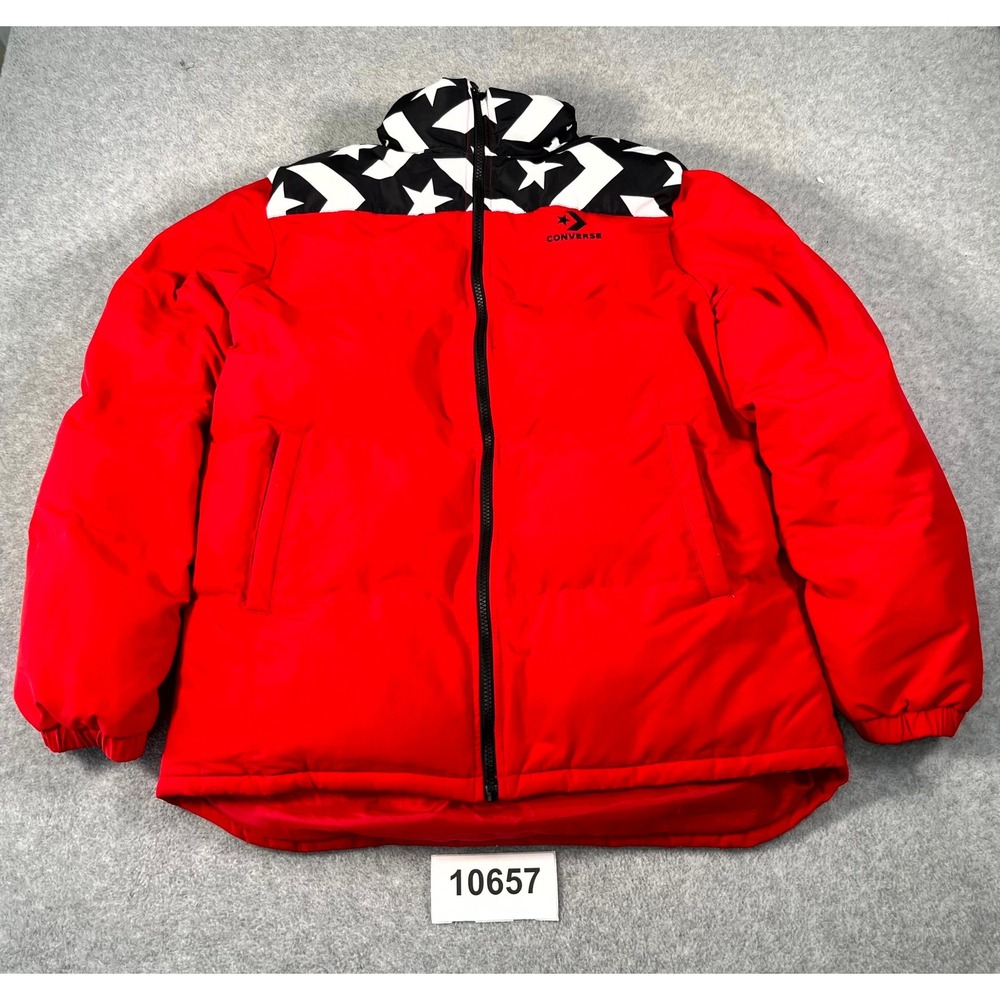 CONVERSE Puffer Jacket Mens Large Red Nylon Padded Star Print Full Zip Winter